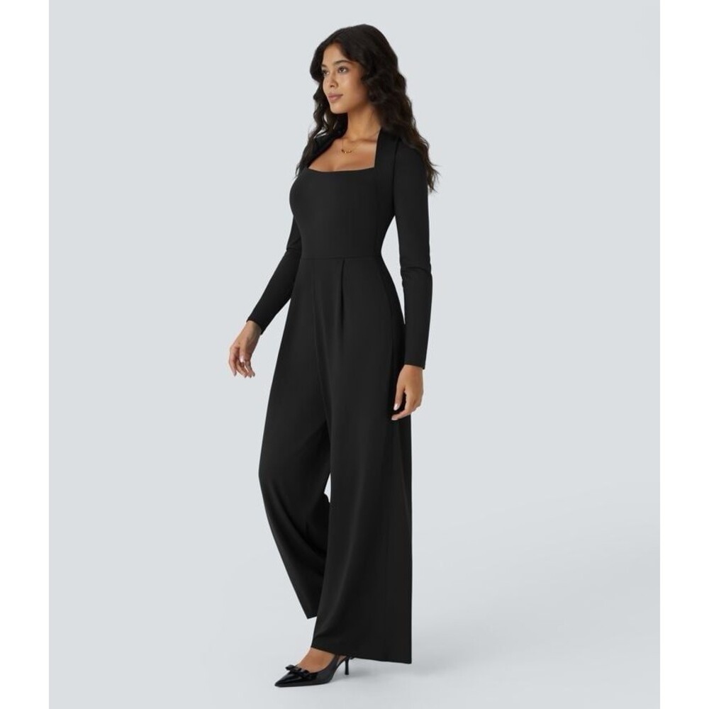 Halara Long Sleeve Pocket Wide Leg Jumpsuit-Easy Peezy Black Size Large